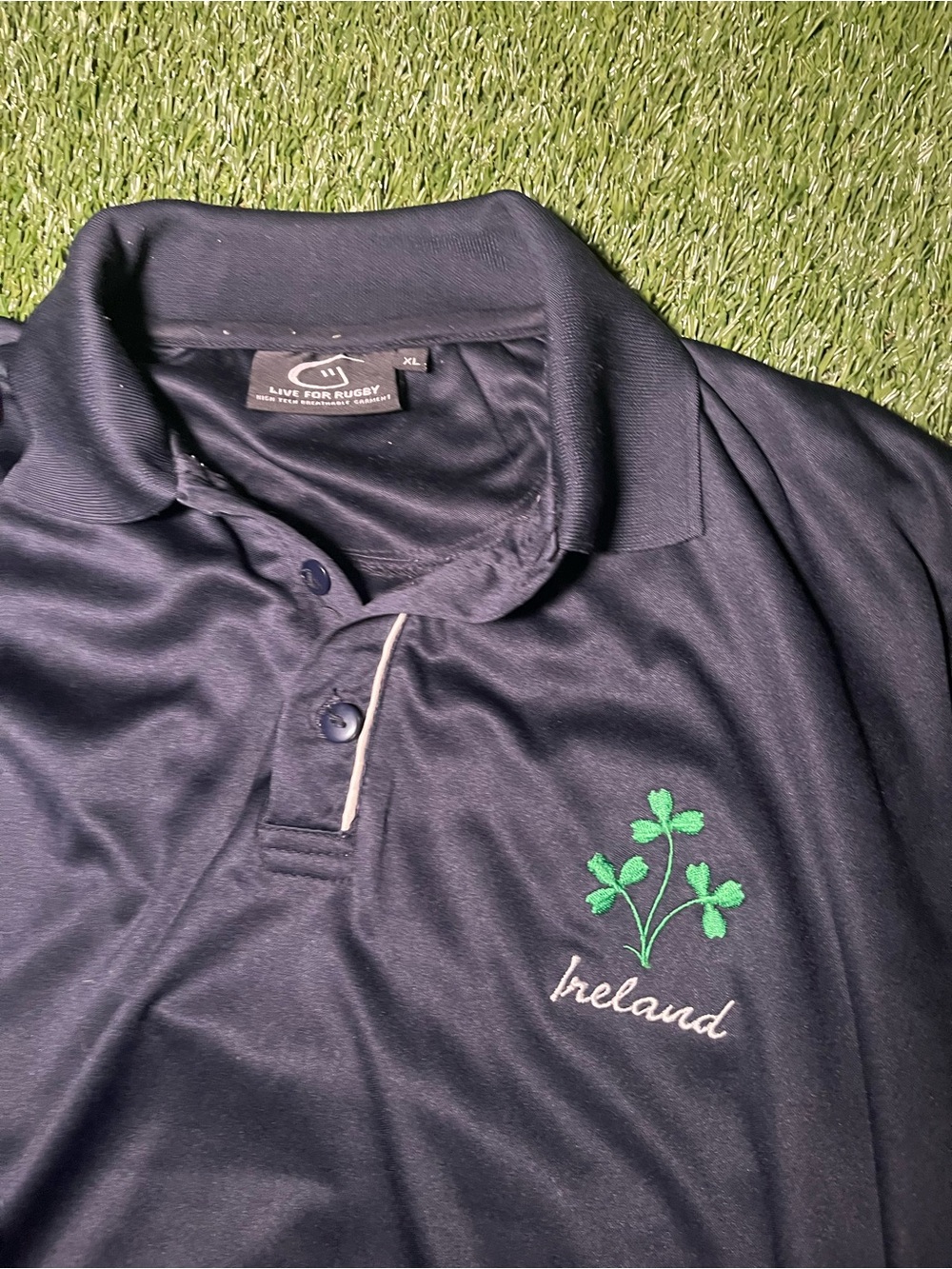 Navy Blue Live For Rugby Polo with Green Ireland Clover Embroidery Men’s XL